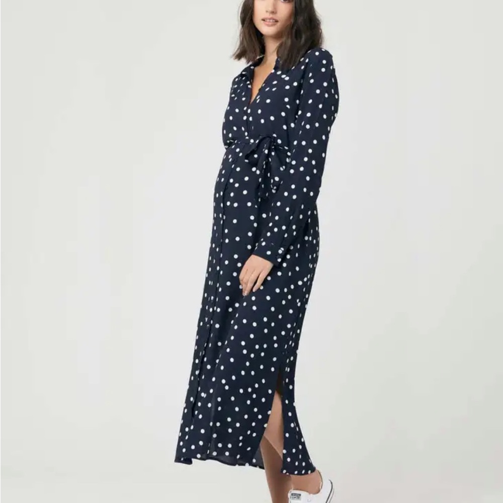 🌟 Ripe Spot Maternity Midi Shirt Dress - Navy White Spot
